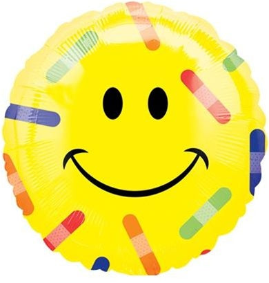 A cheery smiley face balloon with bandages.
