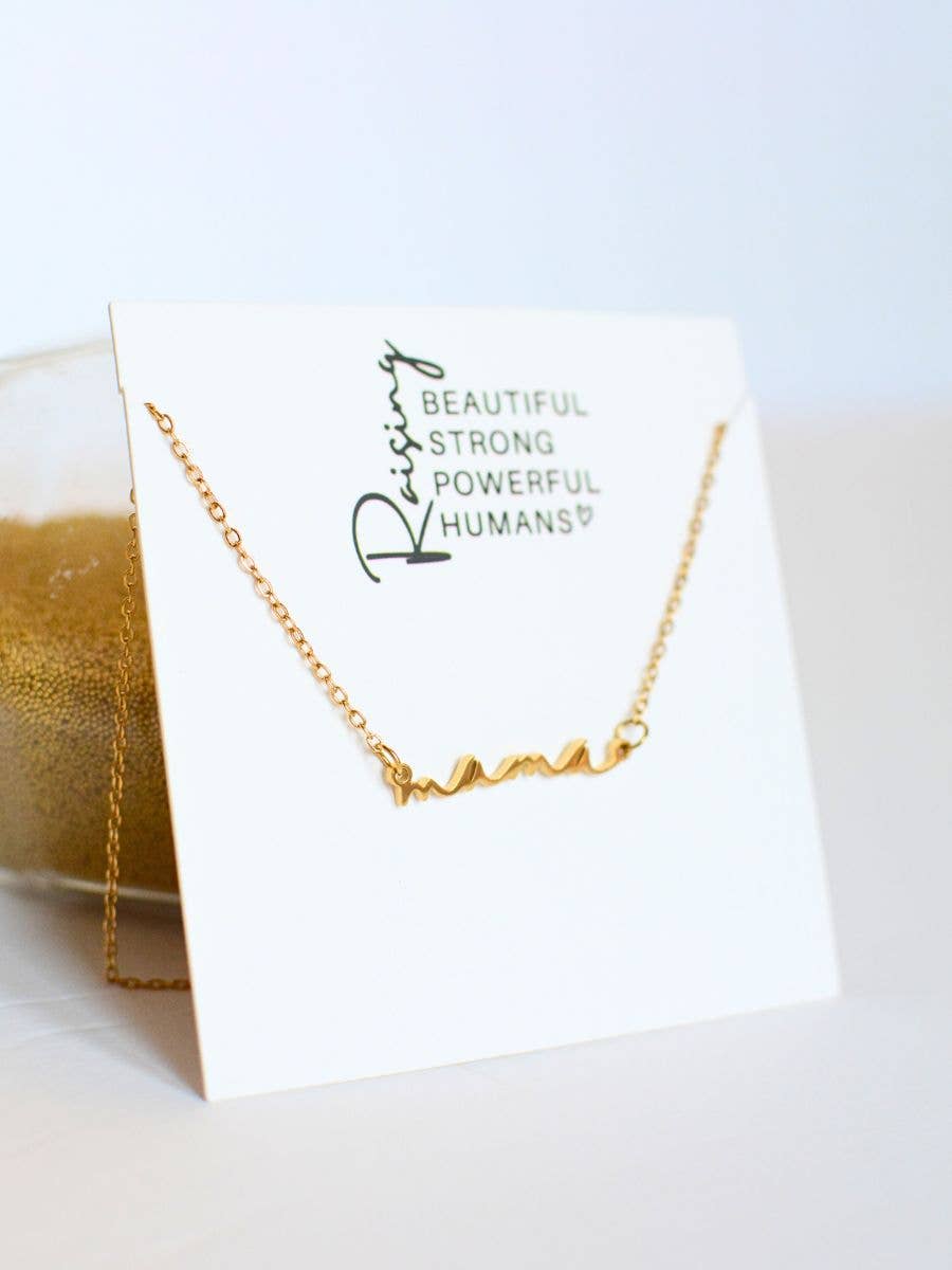 Mama necklace mom cursive word gift raising strong humans