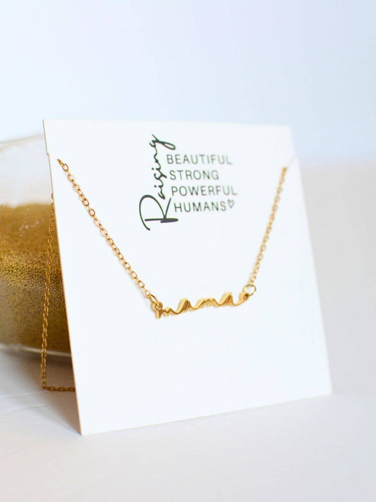 Mama necklace mom cursive word gift raising strong humans
