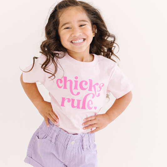 Chicks Rule Toddler and Youth Easter Shirt: Peach / Hot Pink / 3T
