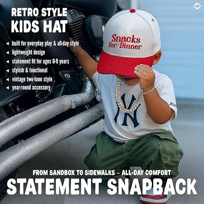 Kid/Baby 2-Tone Cap: Snacks for Dinner- Red/Beige
