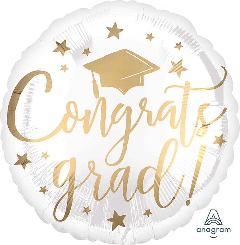 Helium Foil Balloon- 18" Congrats Grad White & Gold