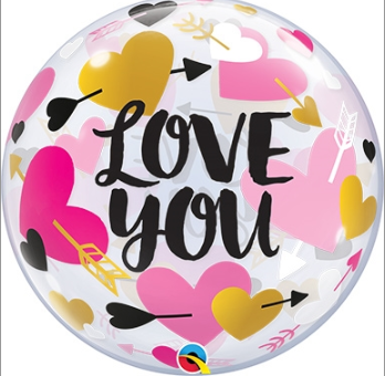 Helium Deco Balloon- 22" BUBBLES Love You Hearts & Arrows