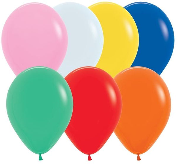 7 solid color latex balloons filled with helium: pink, white, yellow, blue, green, red orange