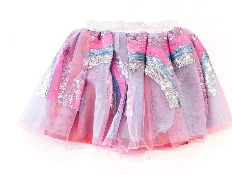 A pink and purple tutu with sequin rainbows on it